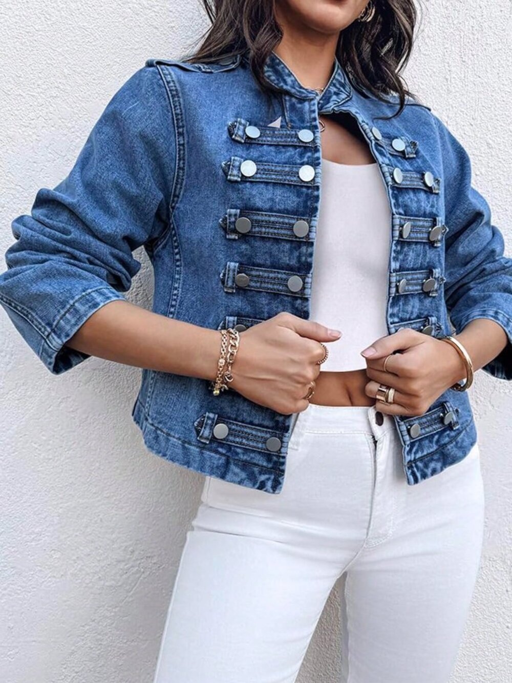 Blue Casual Women's Short Denim Jacket with Double-Breasted Front - Picture 6 of 7